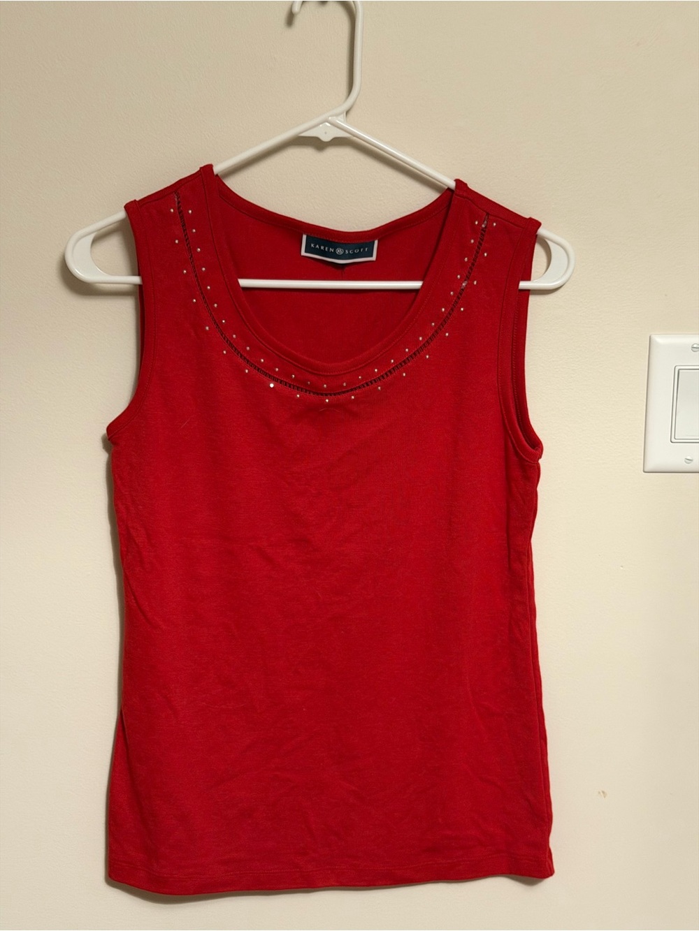 Karen Scott Red Scoop Neck Tank with Rhinestone Trim